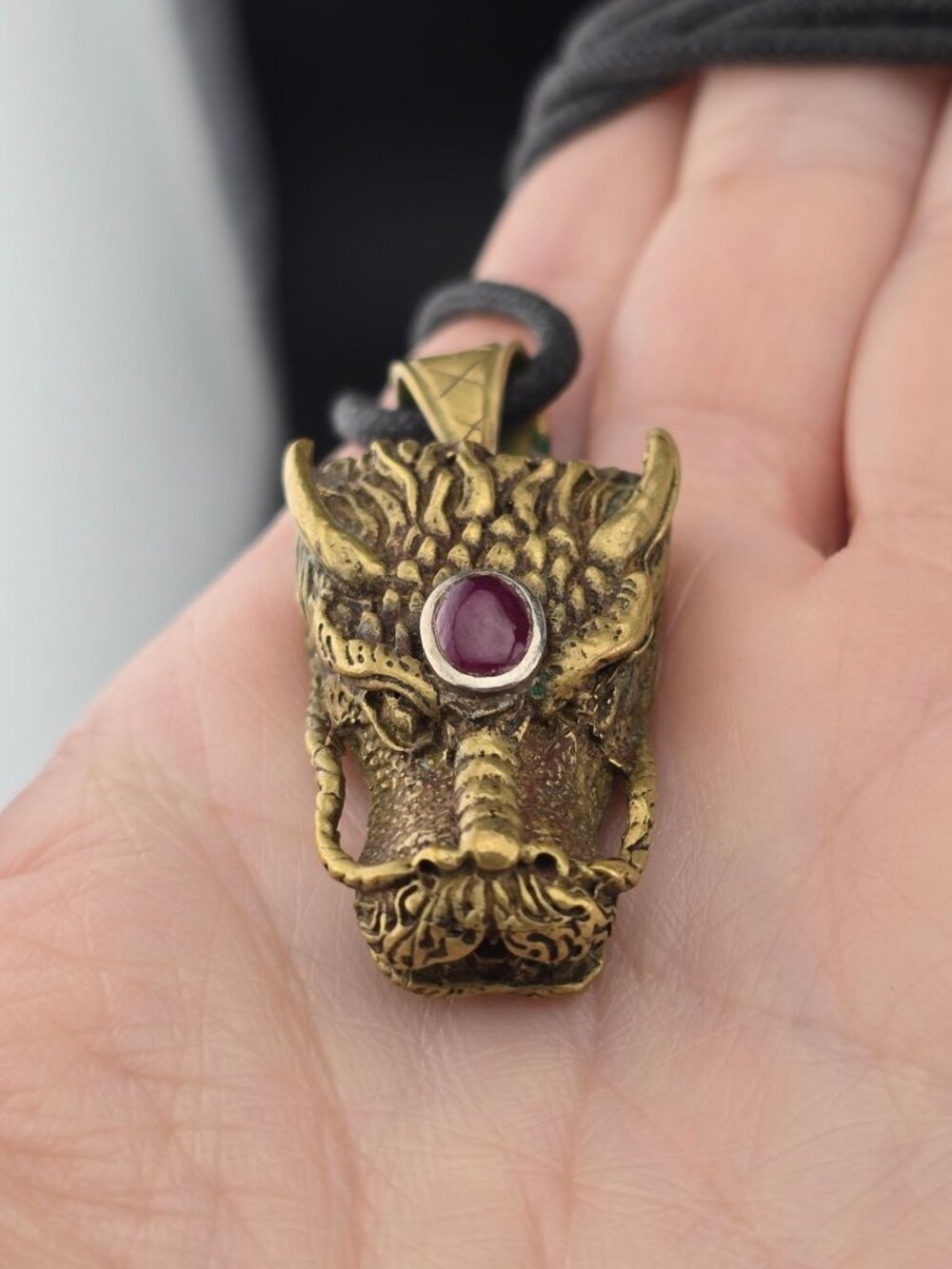 Dragon Head Pendant Necklace Red Stone Brass Black Cord Gothic Fantasy